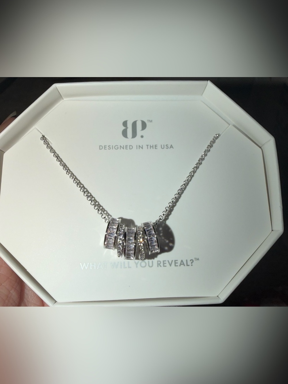 bp Silver-Tone Necklace with Five Sparkling Ring Pendants